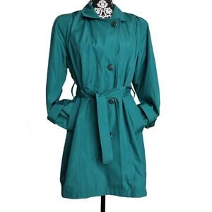 Womens Vintage 80s 90s Teal London Fog Belted Trench Coat With Shoulder Pads - M